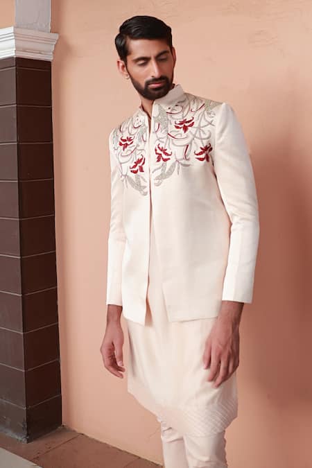 Buy_Sanvir Singh_Peach Satin, Chanderi, Cotton Embroidery Floral Jacket And Kurta Set 