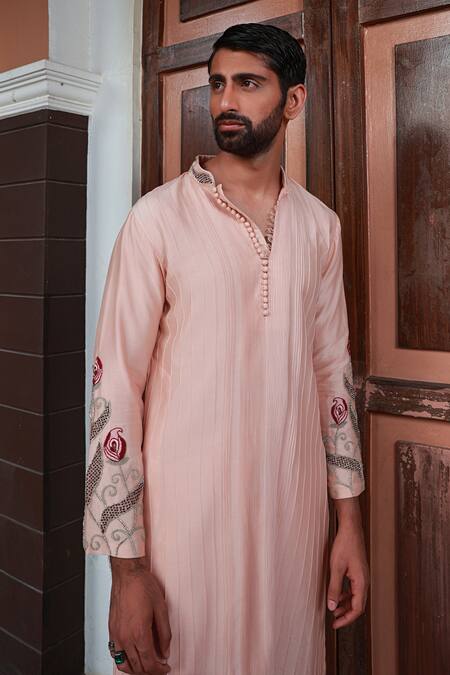 Sanvir Singh_Pink Chanderi, Cotton Zari Zardozi Sleeve Embroidered Kurta Set _Online_at_Aza_Fashions