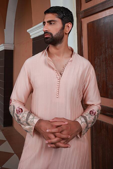 Buy_Sanvir Singh_Pink Chanderi, Cotton Zari Zardozi Sleeve Embroidered Kurta Set _Online_at_Aza_Fashions