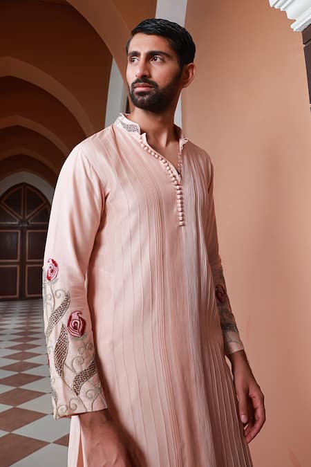 Sanvir Singh_Pink Chanderi, Cotton Zari Zardozi Sleeve Embroidered Kurta Set _at_Aza_Fashions