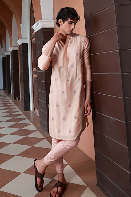 Sanvir Singh_Pink Chanderi, Cotton Zari, Embroidery Zardozi Kurta Set _Online_at_Aza_Fashions