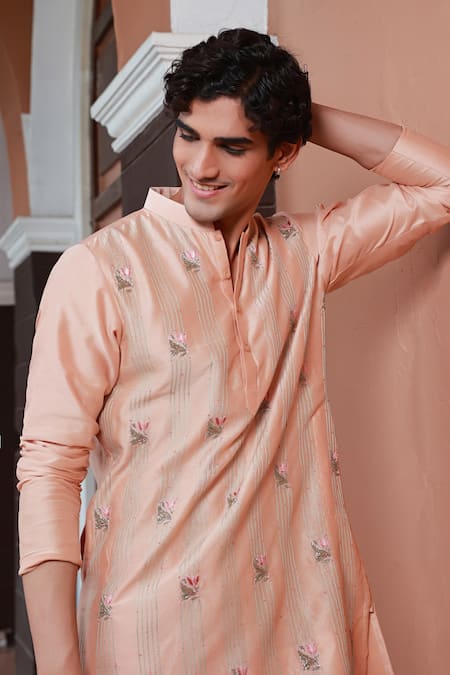 Buy_Sanvir Singh_Pink Chanderi, Cotton Zari, Embroidery Zardozi Kurta Set _Online_at_Aza_Fashions