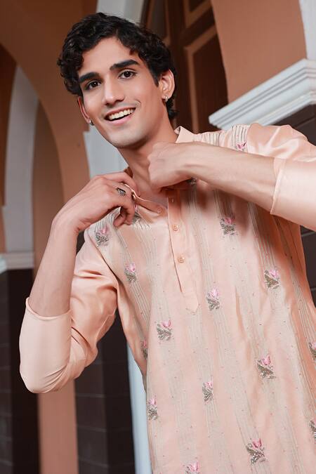 Shop_Sanvir Singh_Pink Chanderi, Cotton Zari, Embroidery Zardozi Kurta Set _Online_at_Aza_Fashions