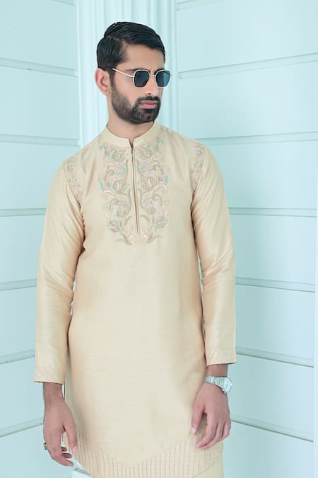 Buy_Sanvir Singh_Beige Silk, Cotton Embroidery Floral Vine Kurta Set _Online_at_Aza_Fashions