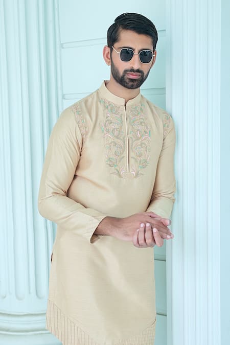 Shop_Sanvir Singh_Beige Silk, Cotton Embroidery Floral Vine Kurta Set _Online_at_Aza_Fashions