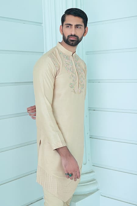 Sanvir Singh_Beige Silk, Cotton Embroidery Floral Vine Kurta Set _at_Aza_Fashions
