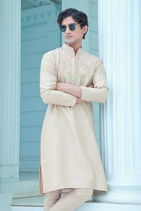Sanvir Singh_Beige Chanderi, Cotton Embroidery Bird Kurta Set _Online_at_Aza_Fashions
