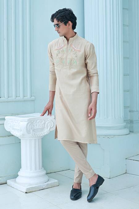 Buy_Sanvir Singh_Beige Chanderi, Cotton Embroidery Bird Kurta Set _Online_at_Aza_Fashions