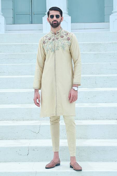 Sanvir Singh_Yellow Chanderi, Cotton Zardozi Embroidered Kurta Set _Online_at_Aza_Fashions