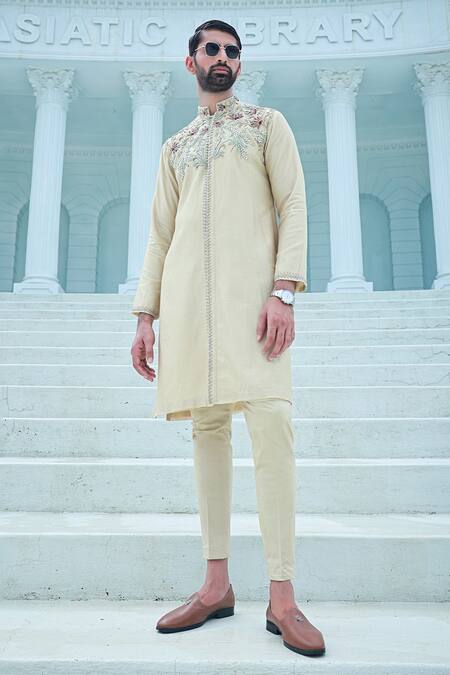 Shop_Sanvir Singh_Yellow Chanderi, Cotton Zardozi Embroidered Kurta Set _Online_at_Aza_Fashions