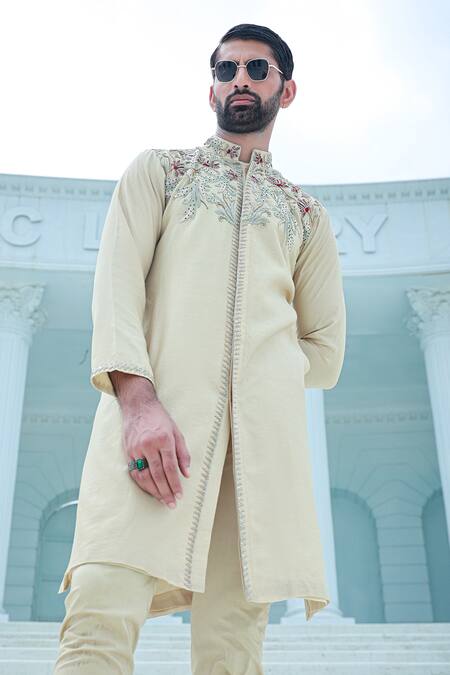 Sanvir Singh_Yellow Chanderi, Cotton Zardozi Embroidered Kurta Set _at_Aza_Fashions