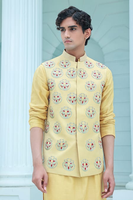 Sanvir Singh_Yellow Satin, Chanderi, Cotton Embroidery Floral Bundi And Kurta Set _at_Aza_Fashions
