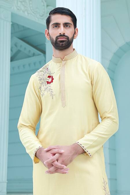 Sanvir Singh_Yellow Chanderi, Cotton Beads, Embroidery Anchor Thread Kurta Set _Online_at_Aza_Fashions