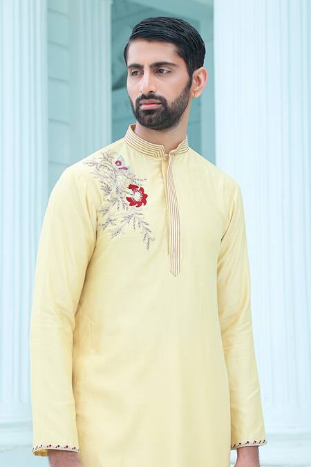 Buy_Sanvir Singh_Yellow Chanderi, Cotton Beads, Embroidery Anchor Thread Kurta Set _Online_at_Aza_Fashions