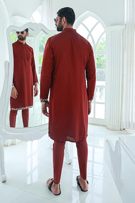 Sanvir Singh Maroon Full Sleeve Pintuck Kurta Set 