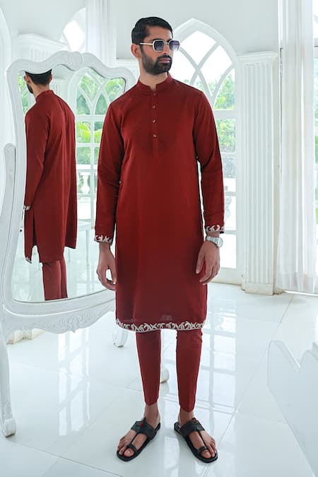 Sanvir Singh_Maroon Satin, Cotton Embroidery Full Sleeve Pintuck Kurta Set _Online_at_Aza_Fashions