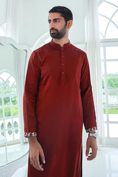 Buy_Sanvir Singh_Maroon Satin, Cotton Embroidery Full Sleeve Pintuck Kurta Set _Online_at_Aza_Fashions