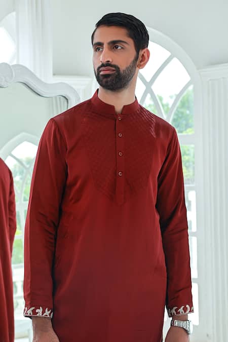 Shop_Sanvir Singh_Maroon Satin, Cotton Embroidery Full Sleeve Pintuck Kurta Set _Online_at_Aza_Fashions