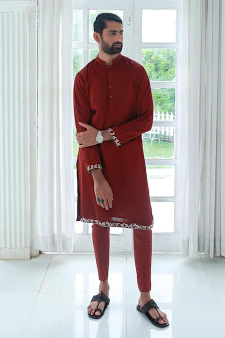 Sanvir Singh_Maroon Satin, Cotton Embroidery Full Sleeve Pintuck Kurta Set _at_Aza_Fashions