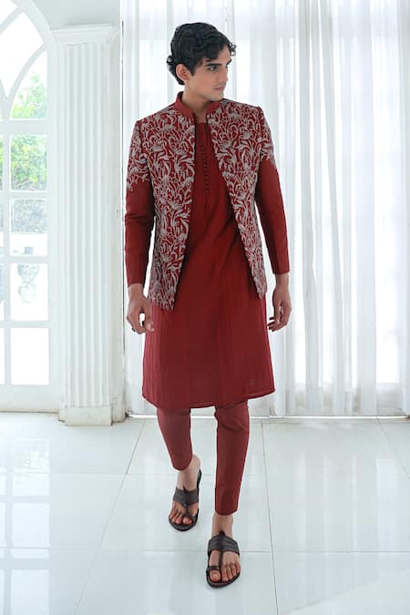 Sanvir Singh Maroon Zardozi Embroidered Jacket & Kurta Set 