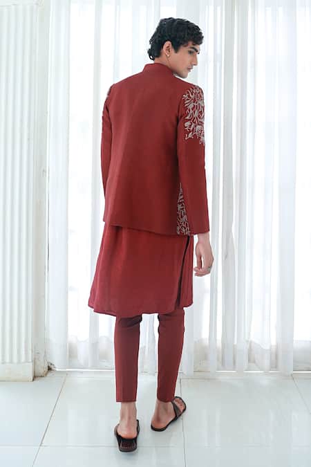 Sanvir Singh Maroon Zardozi Embroidered Jacket & Kurta Set 