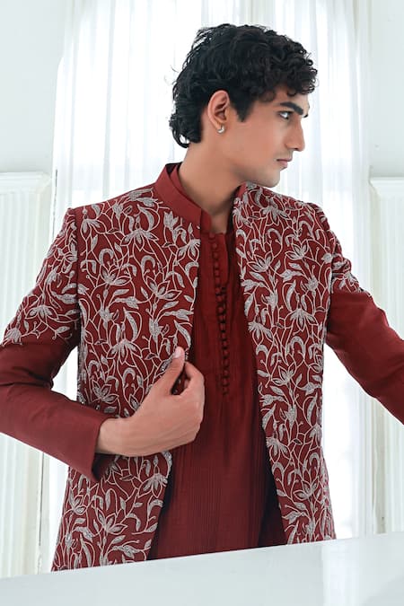 Sanvir Singh_Maroon Silk, Cotton Zari, Embroidery Zardozi Jacket And Kurta Set _Online_at_Aza_Fashions