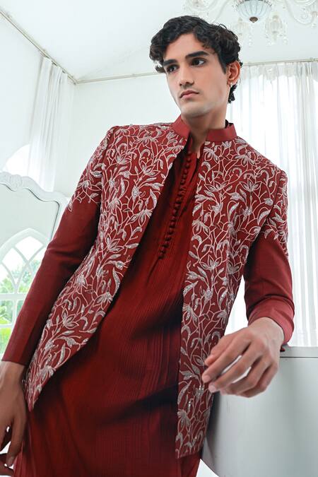 Buy_Sanvir Singh_Maroon Silk, Cotton Zari, Embroidery Zardozi Jacket And Kurta Set _Online_at_Aza_Fashions