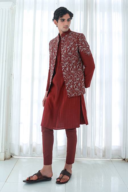 Shop_Sanvir Singh_Maroon Silk, Cotton Zari, Embroidery Zardozi Jacket And Kurta Set _Online_at_Aza_Fashions