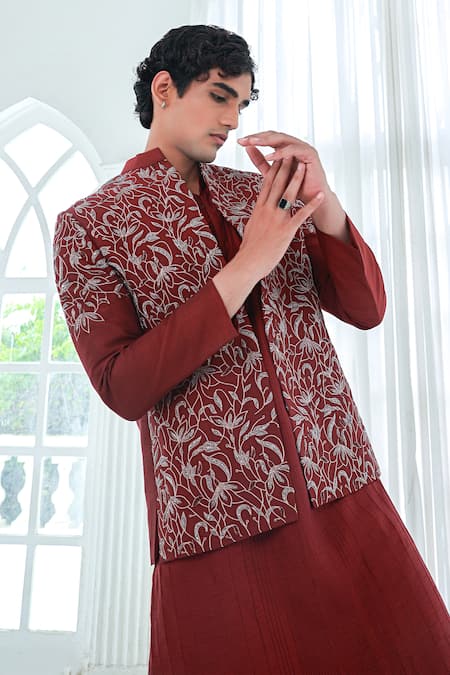 Sanvir Singh_Maroon Silk, Cotton Zari, Embroidery Zardozi Jacket And Kurta Set _at_Aza_Fashions