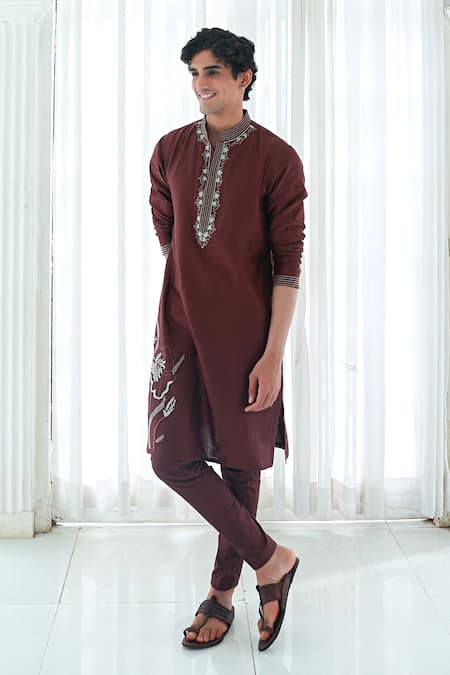 Sanvir Singh_Brown Chanderi, Cotton Embroidery Anchor Thread Kurta Set _Online_at_Aza_Fashions