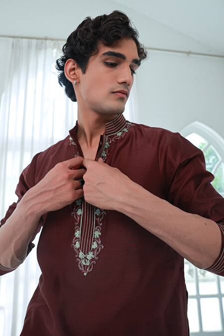 Buy_Sanvir Singh_Brown Chanderi, Cotton Embroidery Anchor Thread Kurta Set _Online_at_Aza_Fashions