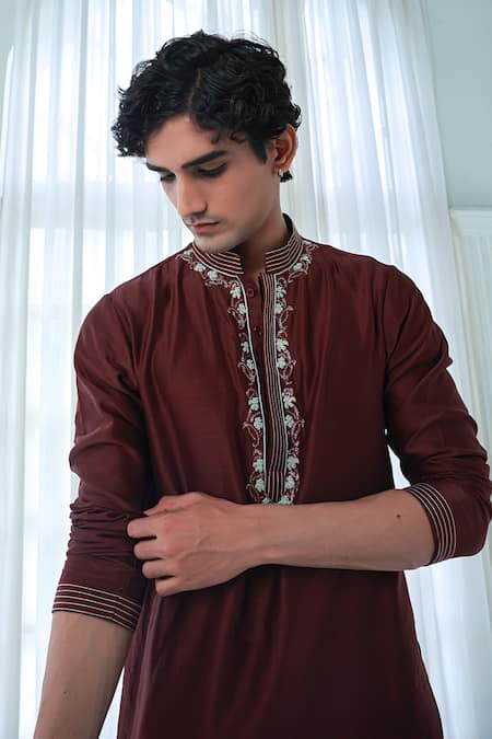 Shop_Sanvir Singh_Brown Chanderi, Cotton Embroidery Anchor Thread Kurta Set _Online_at_Aza_Fashions