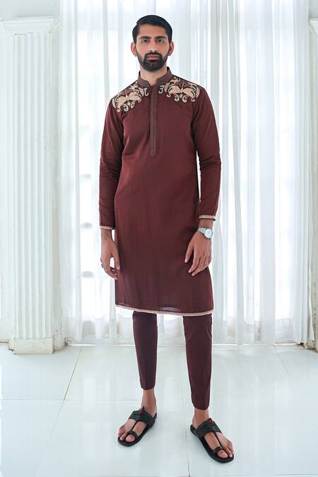 Sanvir Singh_Brown Silk, Cotton Zari Embroidered Butterfly Kurta Set _Online_at_Aza_Fashions