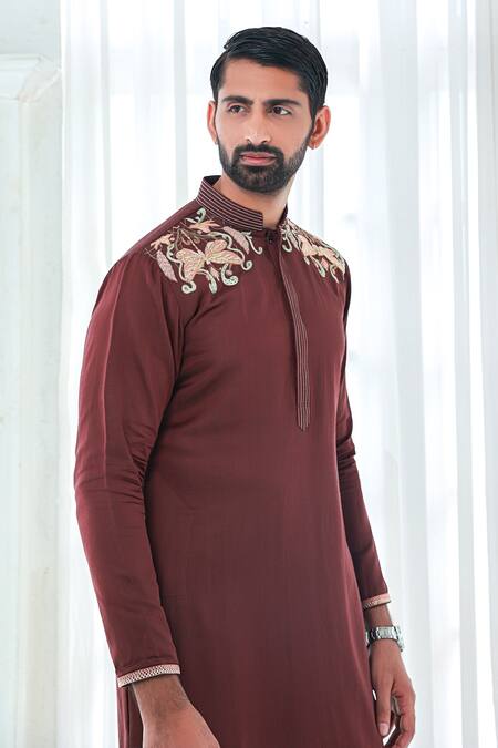 Buy_Sanvir Singh_Brown Silk, Cotton Zari Embroidered Butterfly Kurta Set _Online_at_Aza_Fashions
