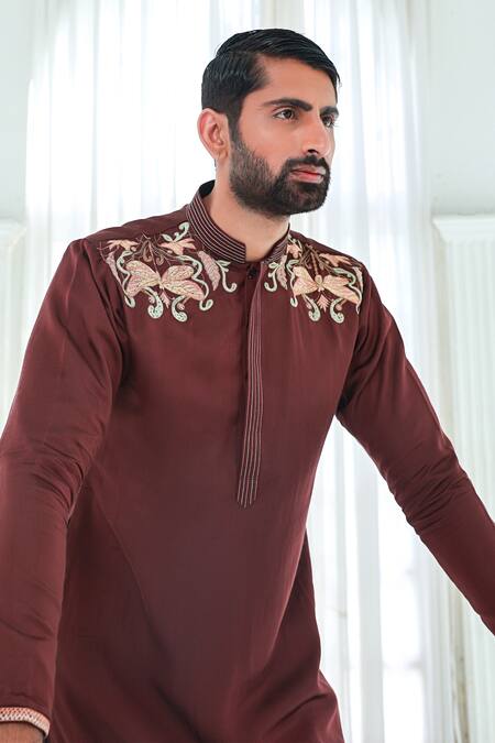 Shop_Sanvir Singh_Brown Silk, Cotton Zari Embroidered Butterfly Kurta Set _Online_at_Aza_Fashions