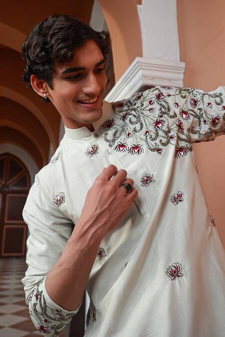 Buy_Sanvir Singh_Green Silk, Cotton Embroidery Lotus Zardozi Kurta Set _Online_at_Aza_Fashions