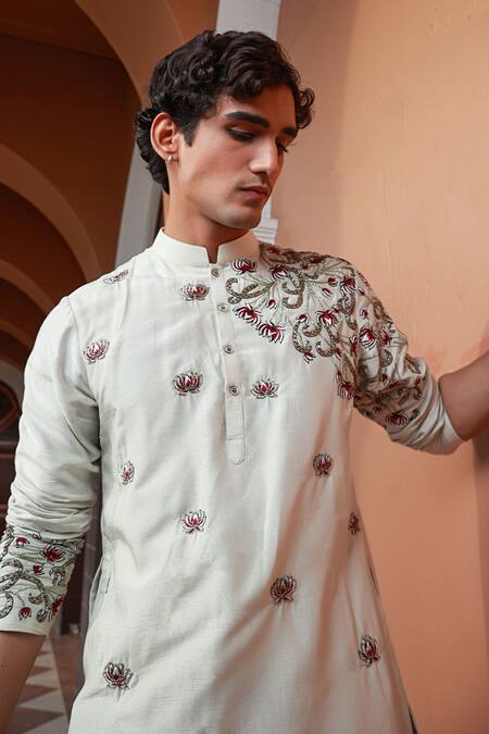 Shop_Sanvir Singh_Green Silk, Cotton Embroidery Lotus Zardozi Kurta Set _Online_at_Aza_Fashions