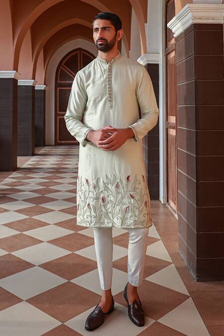 Sanvir Singh_Green Silk, Cotton Embroidery Flower Petal Kurta Set _Online_at_Aza_Fashions