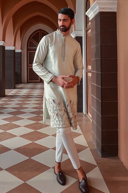 Buy_Sanvir Singh_Green Silk, Cotton Embroidery Flower Petal Kurta Set _Online_at_Aza_Fashions
