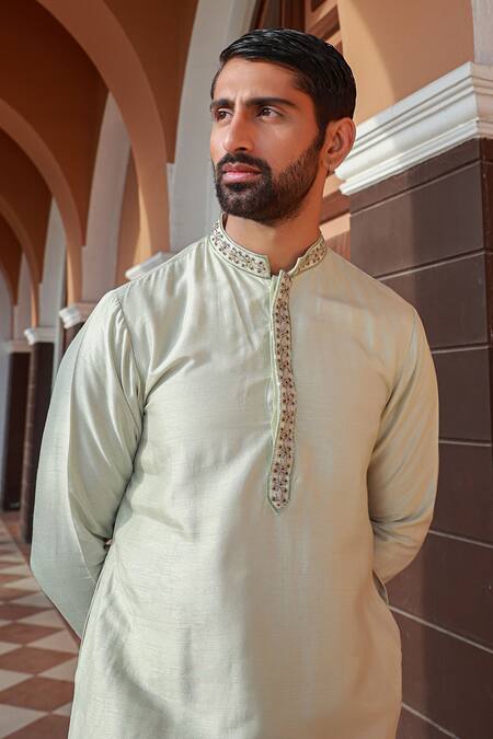Shop_Sanvir Singh_Green Silk, Cotton Embroidery Flower Petal Kurta Set _Online_at_Aza_Fashions