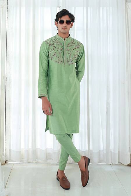 Sanvir Singh_Green Chanderi, Cotton Embroidery Zardozi Mint Kurta Set _Online_at_Aza_Fashions