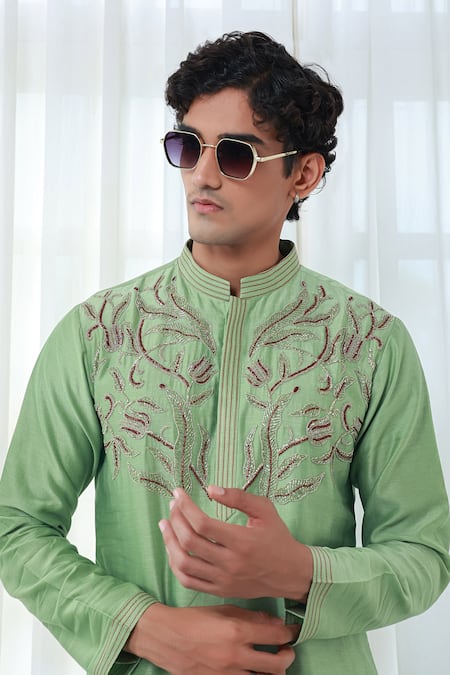 Shop_Sanvir Singh_Green Chanderi, Cotton Embroidery Zardozi Mint Kurta Set _Online_at_Aza_Fashions