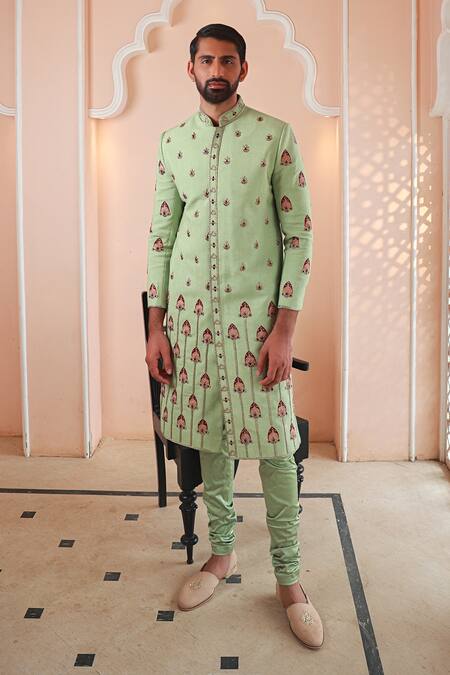 Sanvir Singh Zardozi Embroidered Mint Green Sherwani Set 