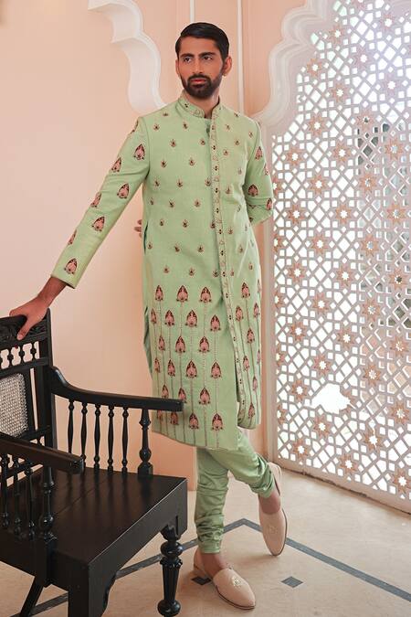 Sanvir Singh_Green Satin, Tussar Zari, Embroidery Zardozi Mint Sherwani Set _Online_at_Aza_Fashions