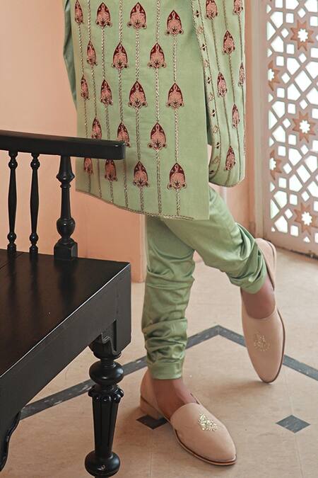 Buy_Sanvir Singh_Green Satin, Tussar Zari, Embroidery Zardozi Mint Sherwani Set _Online_at_Aza_Fashions