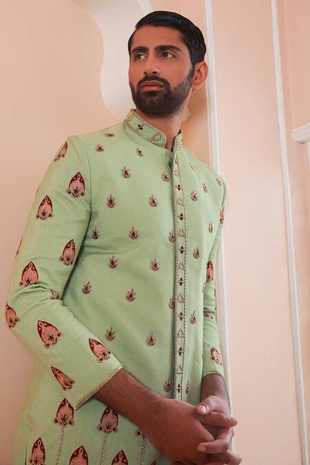 Shop_Sanvir Singh_Green Satin, Tussar Zari, Embroidery Zardozi Mint Sherwani Set _Online_at_Aza_Fashions