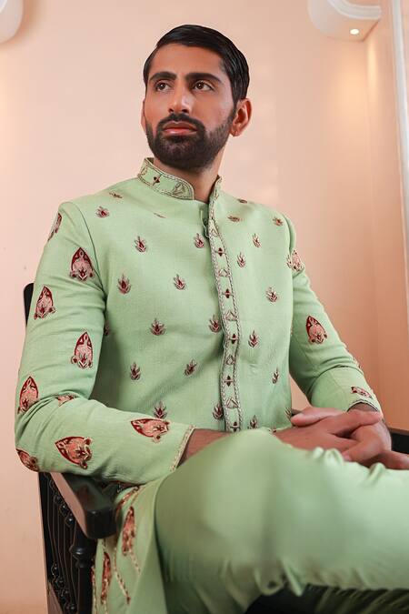 Sanvir Singh_Green Satin, Tussar Zari, Embroidery Zardozi Mint Sherwani Set _at_Aza_Fashions