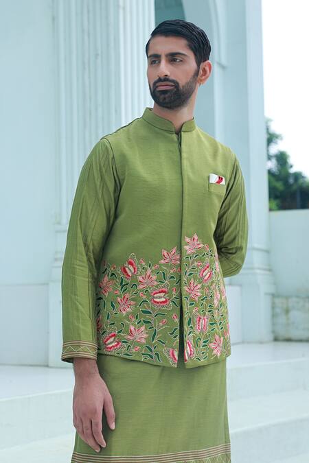 Buy_Sanvir Singh_Green Satin, Chanderi, Cotton Zari, Embroidery Lotus Kurta Set _Online_at_Aza_Fashions