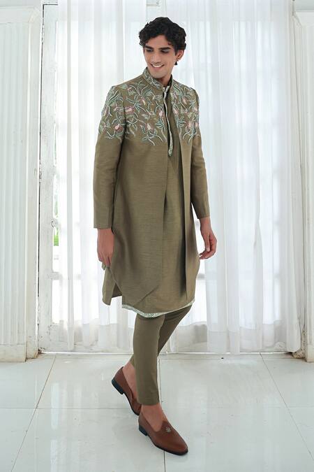 Buy_Sanvir Singh_Green Silk, Cotton Embroidery, Zari Zardozi Kurta Set With Jacket _Online_at_Aza_Fashions