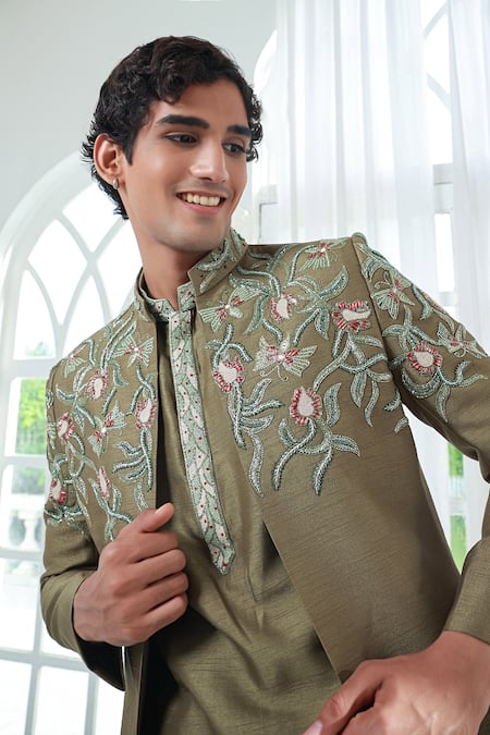Shop_Sanvir Singh_Green Silk, Cotton Embroidery, Zari Zardozi Kurta Set With Jacket _Online_at_Aza_Fashions